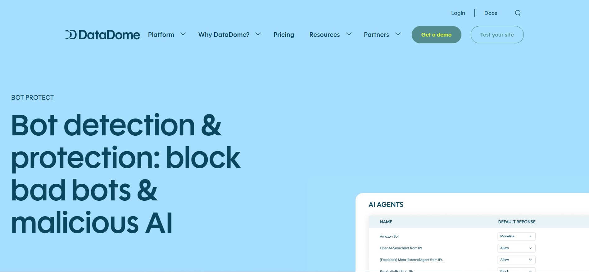 Screenshot of DataDome Bot Protect and its bot and AI-agent protection messaging
